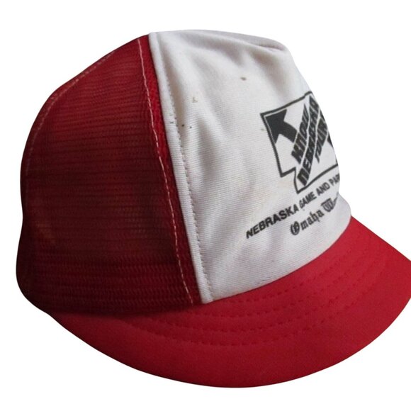 HAT MESH TRUCKER CAP Vtg 70s OMAHA NEBRASKA POM POM BILLED RED - Picture 2 of 5